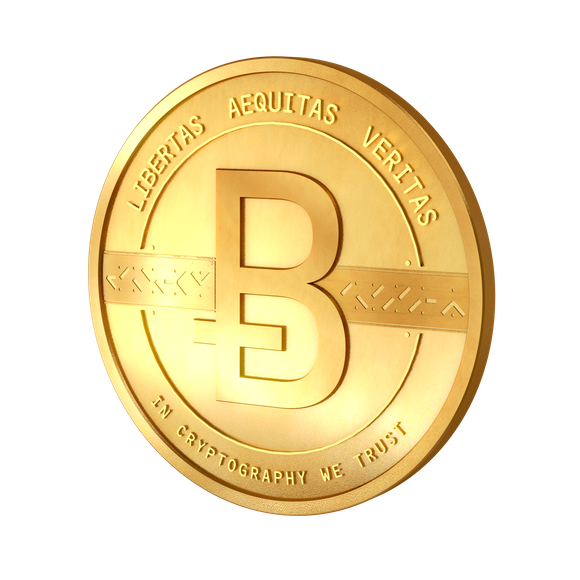 A gold coin featuring the Bitcoin logo.