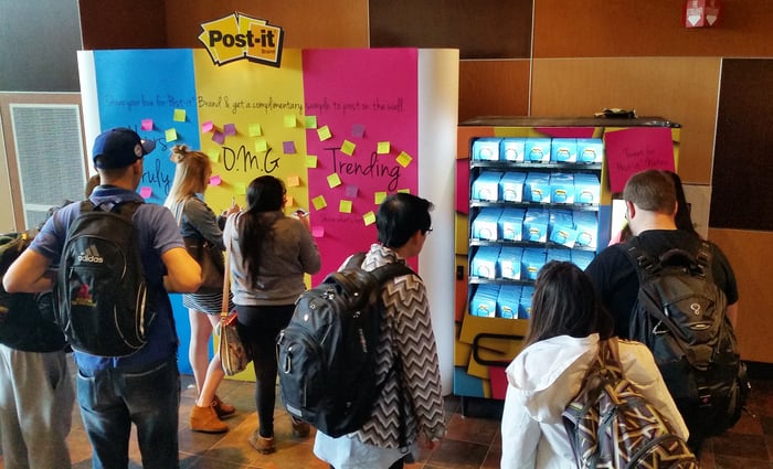 People around a Post-It display board putting up Post-Its on three colored areas.