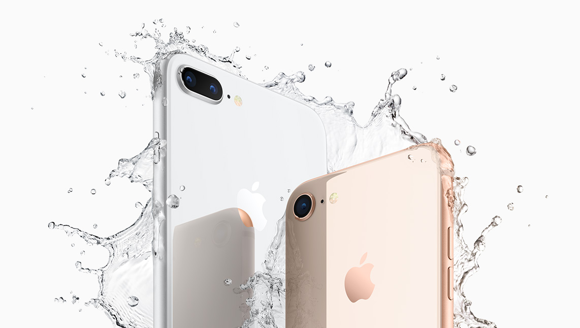 Apple's iPhone 8 Plus and iPhone 8 being splashed with water.