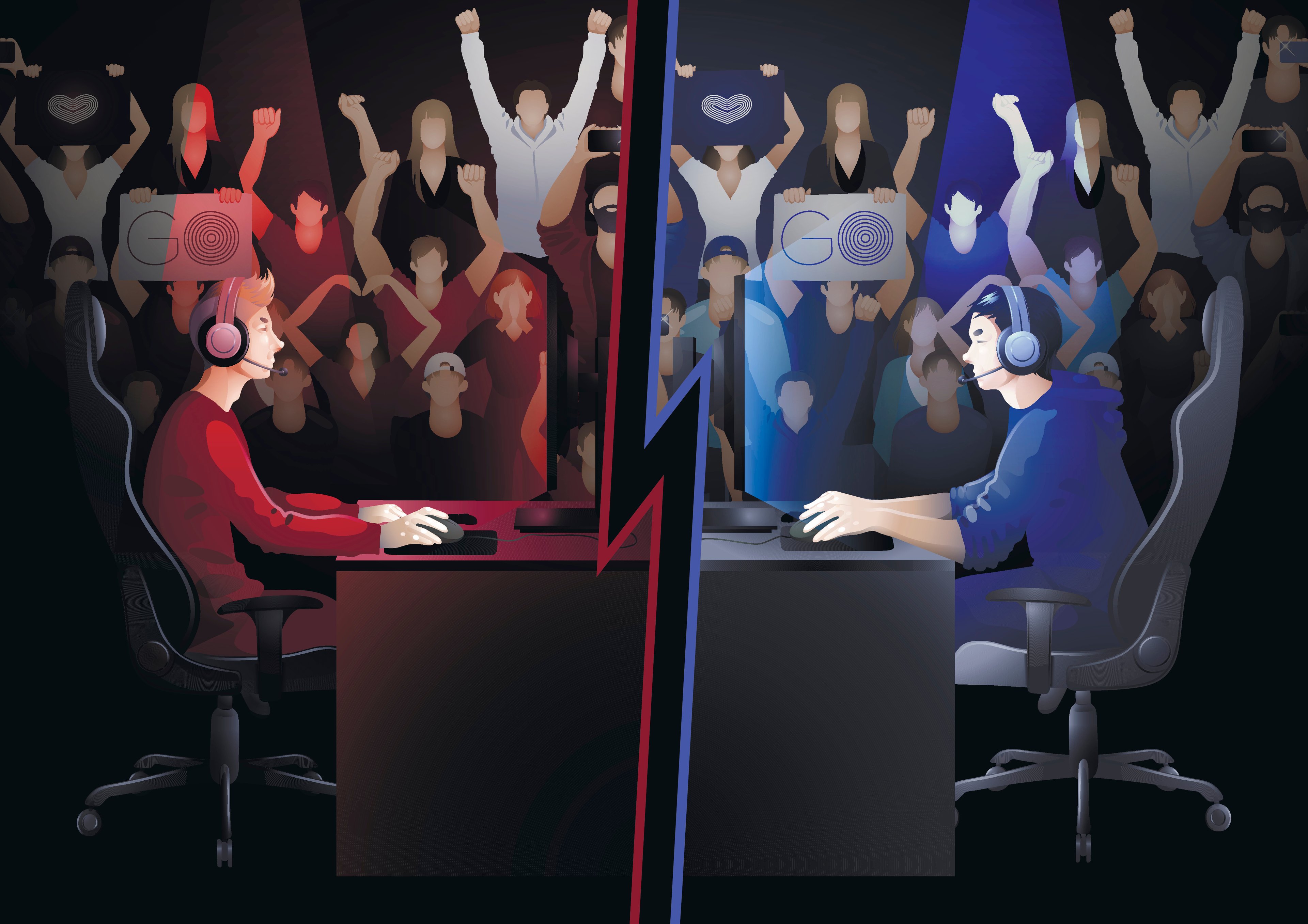Two video gamers, one dressed in red and one in blue, sitting at desk facing each other with audiences for each side shown cheering in the background. 