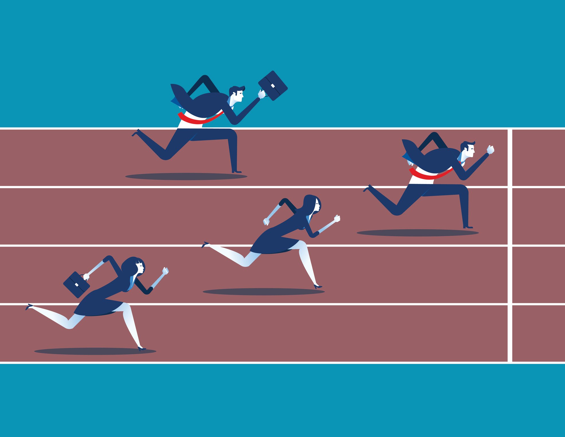 Graphic image of two businessmen and two businesswomen running on a race track, with one businessman about to cross finish line. 