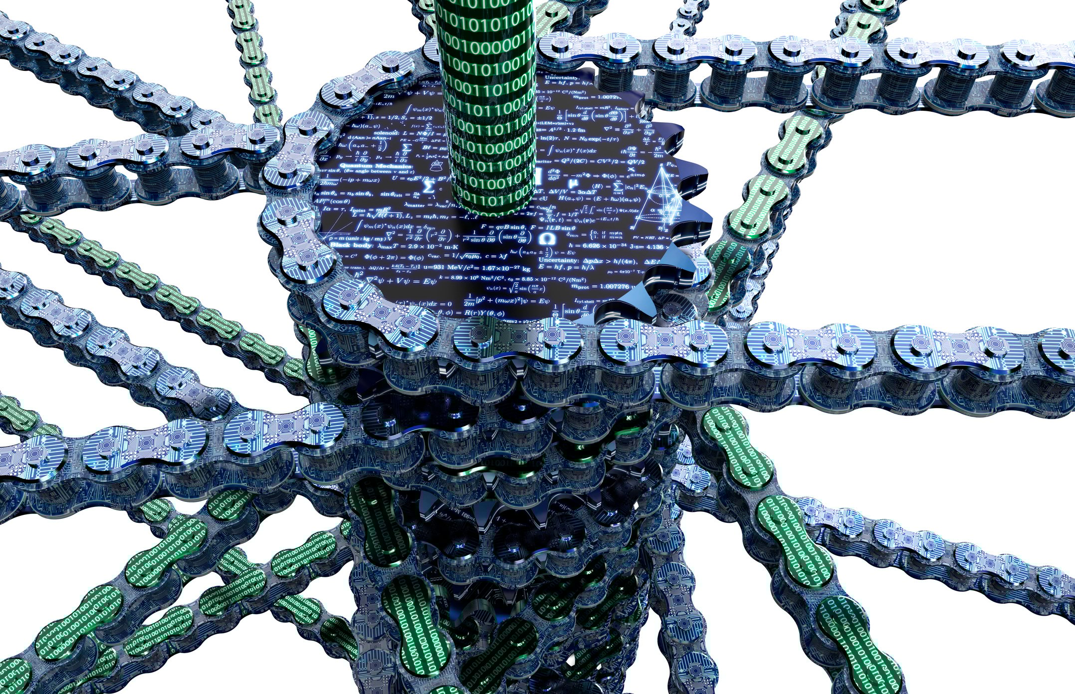 Bicycle chains with binary code connected to each other, representing blockchain.