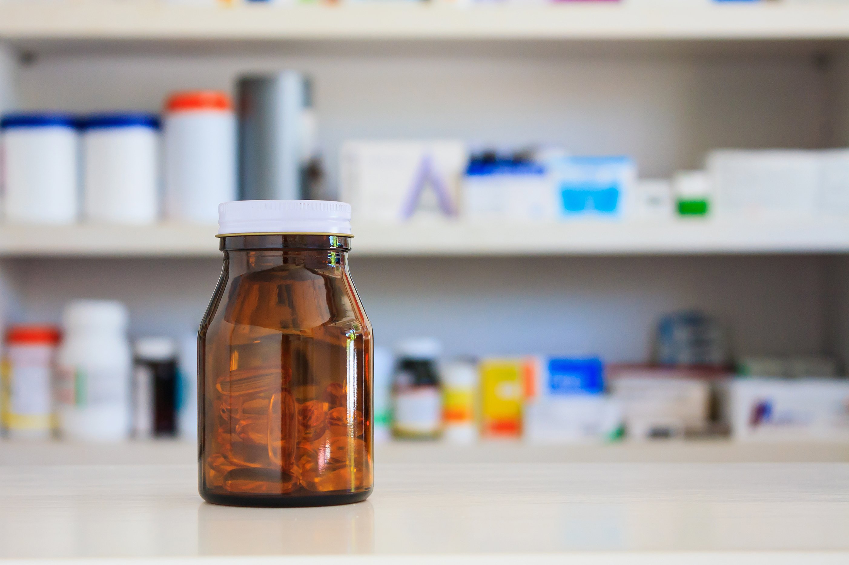 Medicine bottle on pharmacy counter