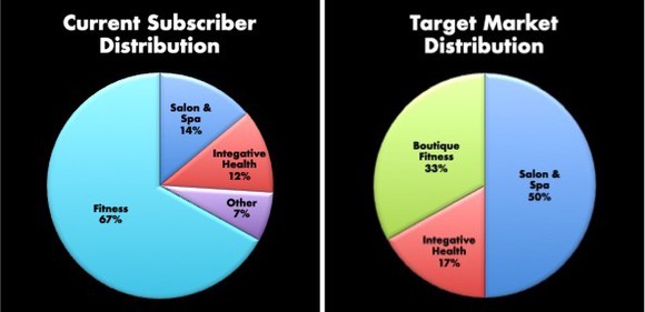 Two pie charts. First is current subscriber distribution with Fitness at 67% and salon and spa at 14%. Second pie is target market distribution with 50% salon and spa and 33% boutique fitness.