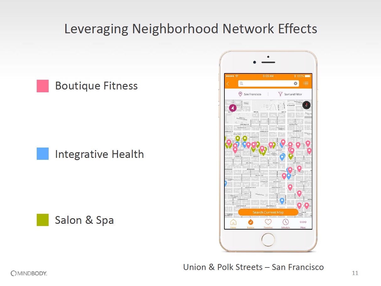 An Apple iPhone with a screen of a map with numerous boutique fitness, integrative health, and salon & spa locations clustered close together.