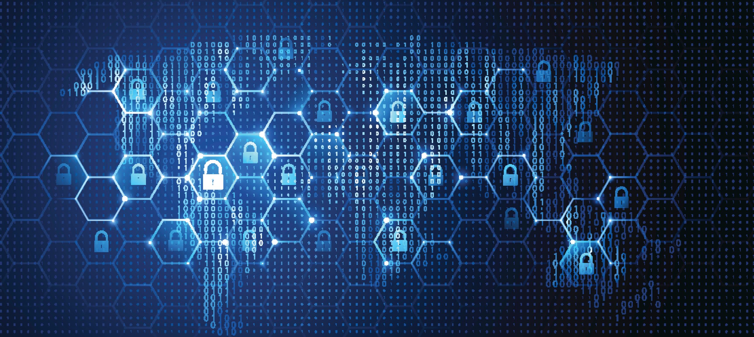 Digitial image of multiple honeycomb-like cells each with a lock inside.