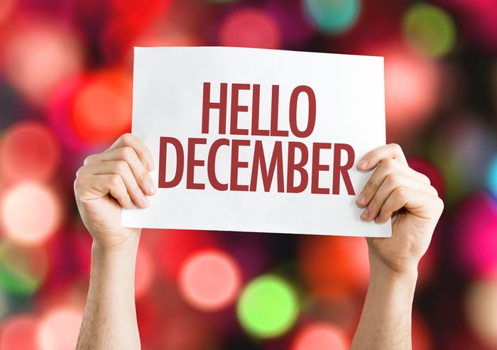 Person holding up "Hello December" sign in front of colored lights.