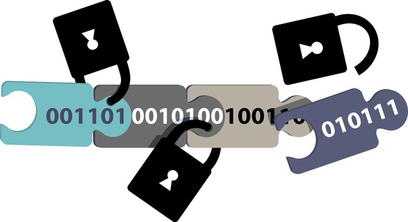 Four interlocking blue and gray colored puzzle pieces with digits 0 and 1 on them and black padlocks clamping every two pieces together -- concept for secure Blockchain.