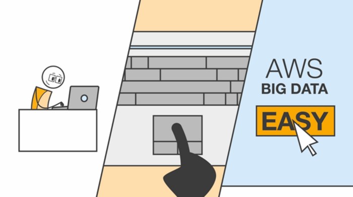 Animated user analyzing enterprise data using Amazon Web Services.