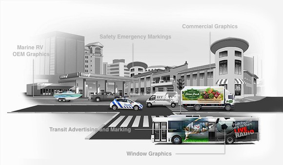Various boats, cars, buses, and buildings covered by Avery Dennison's removable graphic labels.