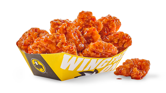 Buffalo wings in a Buffalo Wild Wings container.