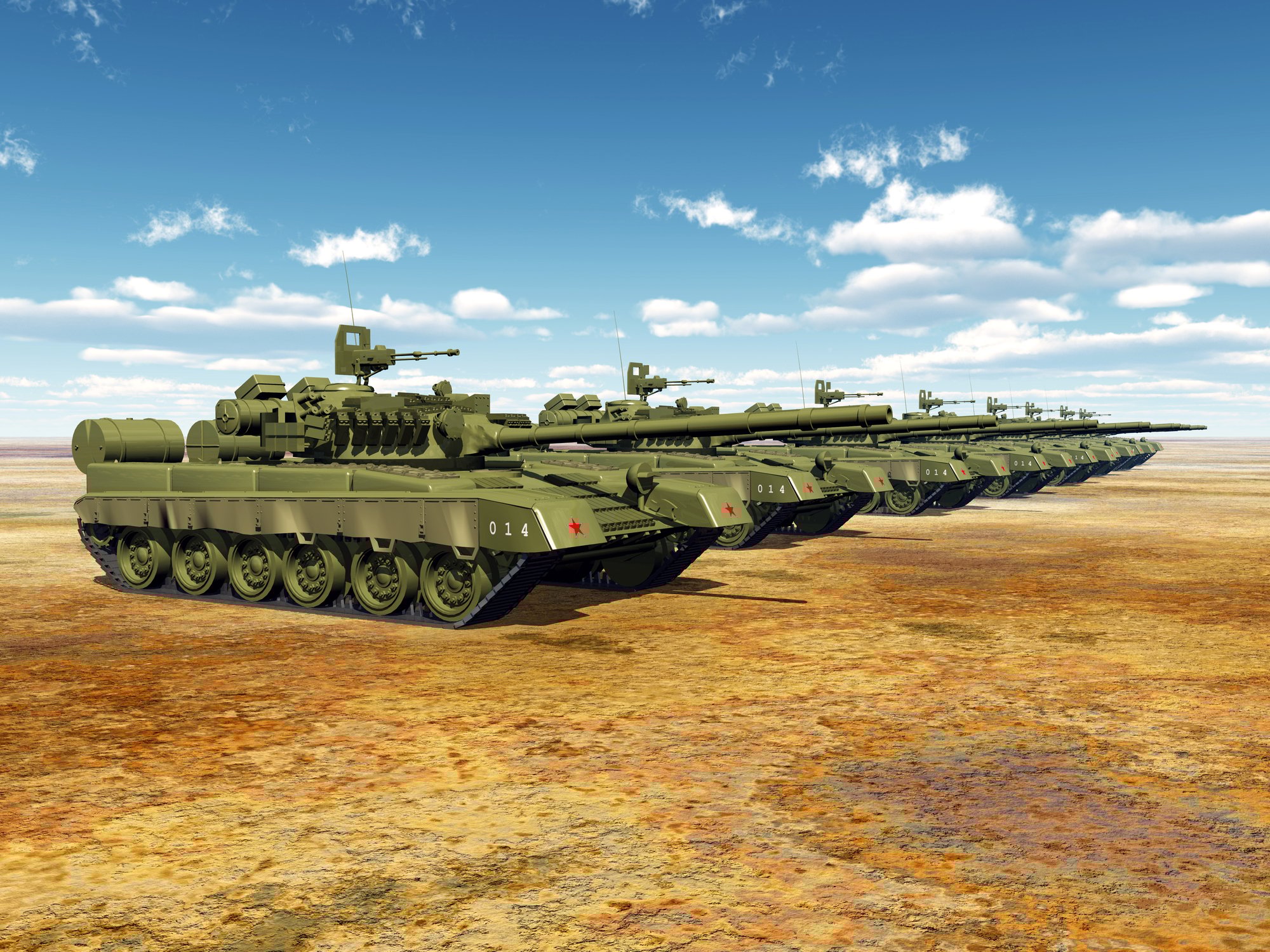 Russian main battle tanks standing in a line