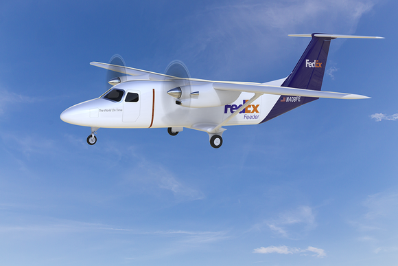 An artist rendering of a FedEx Cessna SkyCourier 408 aircraft.