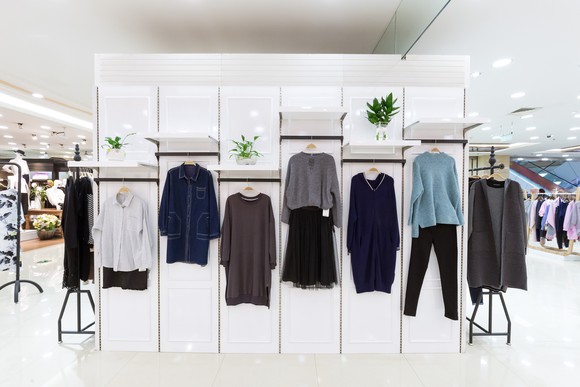 A wall mount of women's clothing apparel