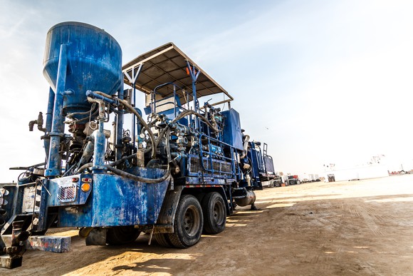 A concrete mixing machine for fracking.