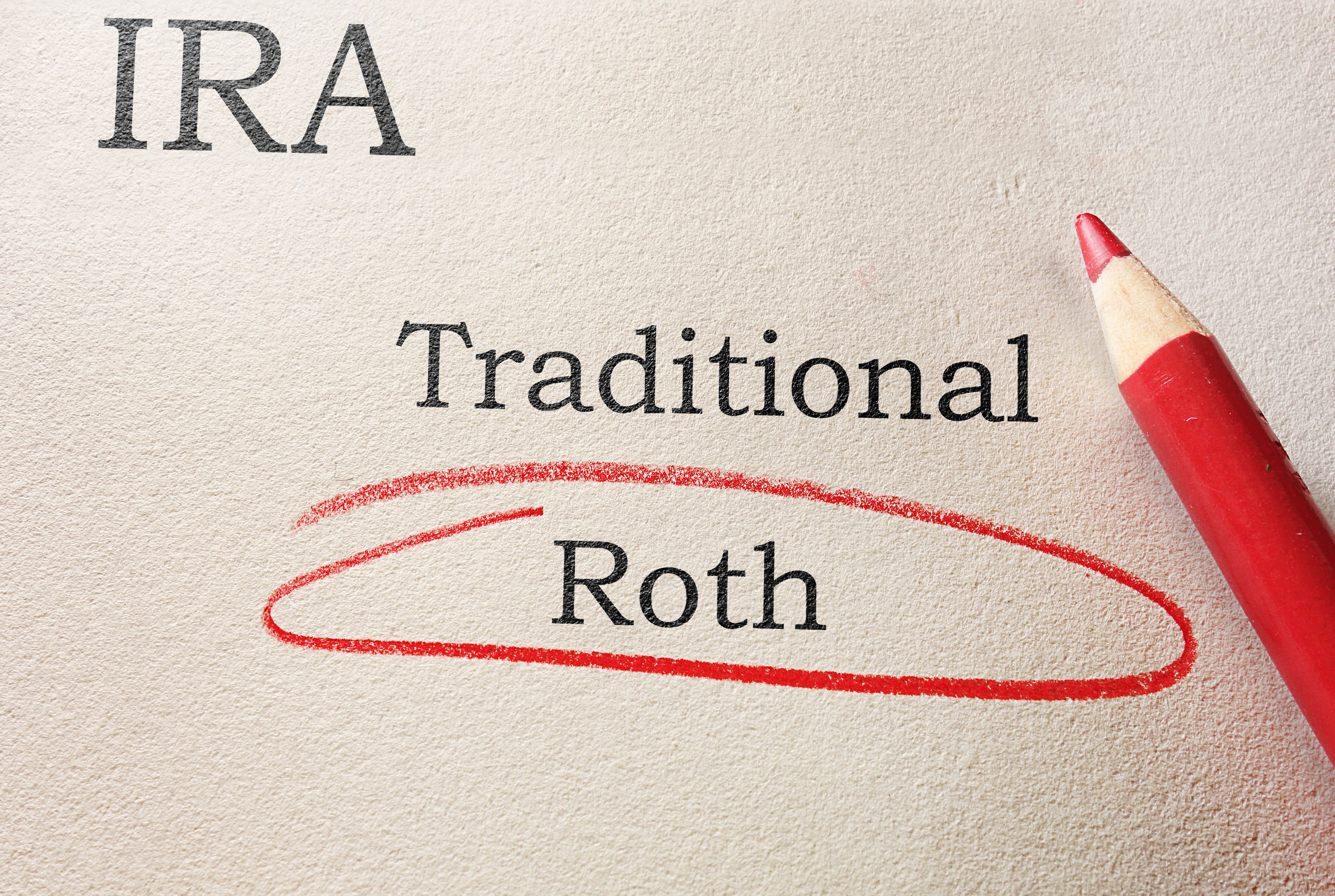 Paper with IRA, Traditional, and Roth written on it. Roth is circled in red, with a red pencil beside the words.