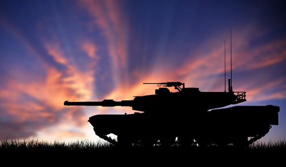 Tank in front of a sunset