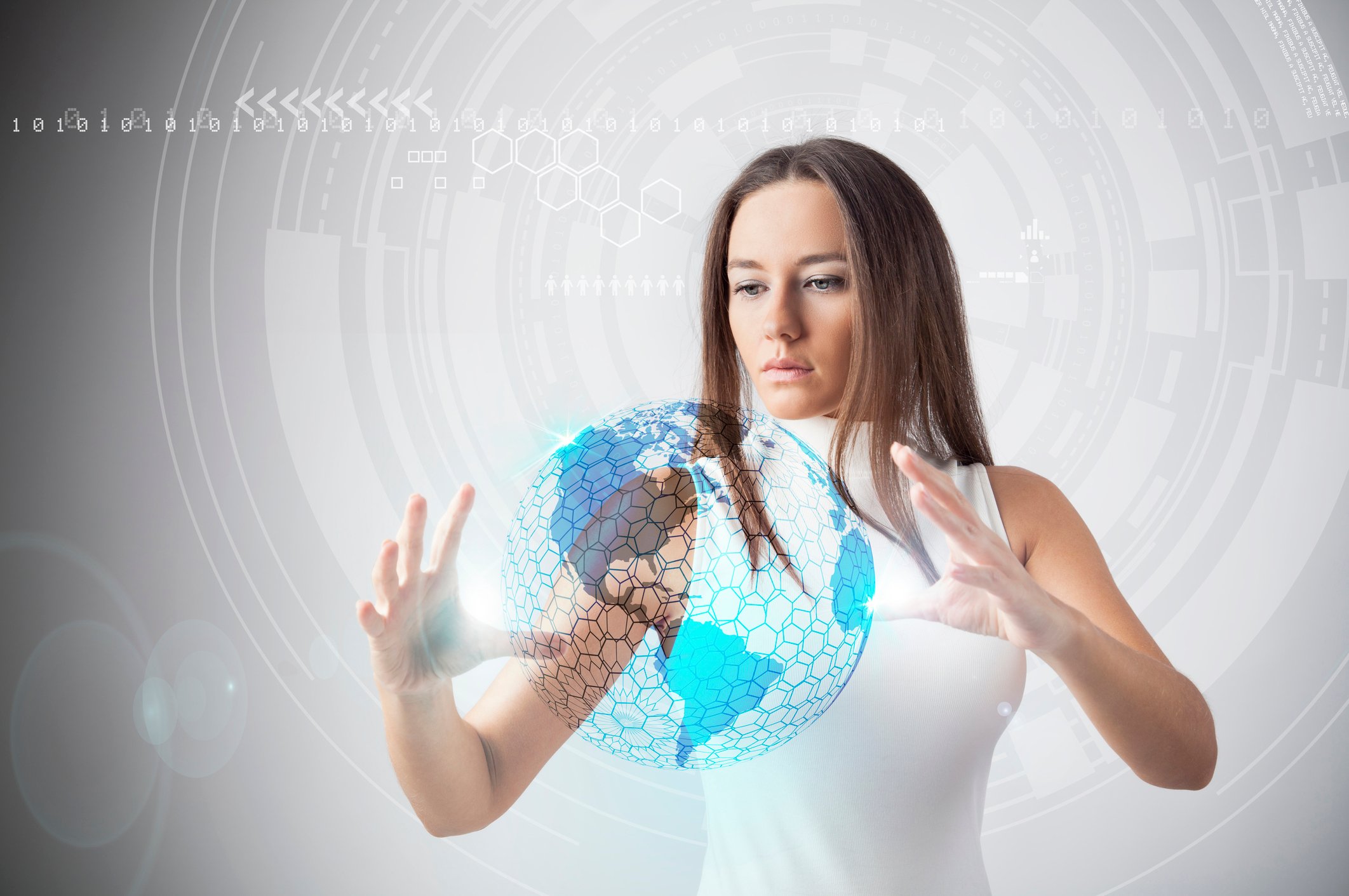 Woman moving an augmented reality world with her hands.