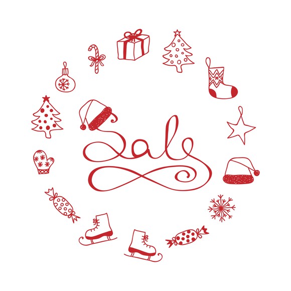 Holiday icons including ornaments, presents, ice skates, and candies surrounding text that says Sale.