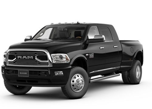 A black Dodge Ram pickup against a white background.