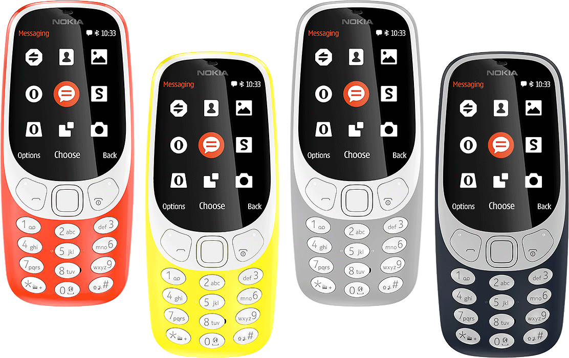 Four Nokia 3310 phones displayed in red, yellow, gray, and black.