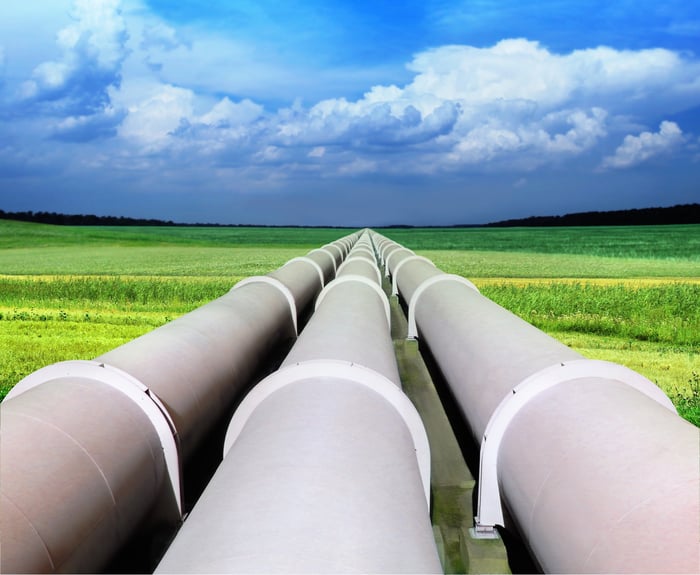Pipelines on green grass heading towards the blue sky.