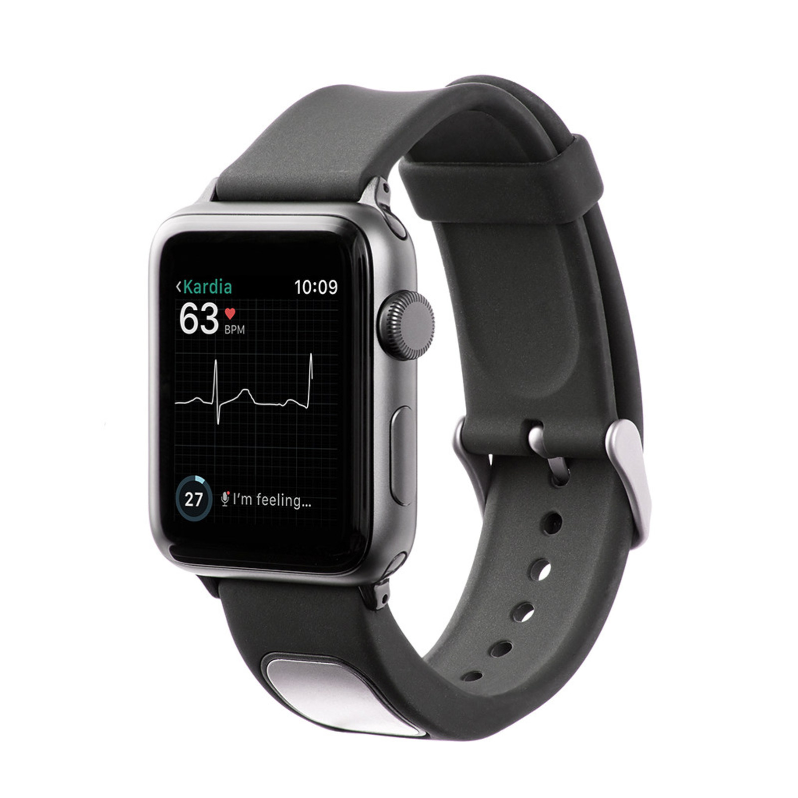 An Apple Watch featuring the KardiaBand and displaying a heart rate. 