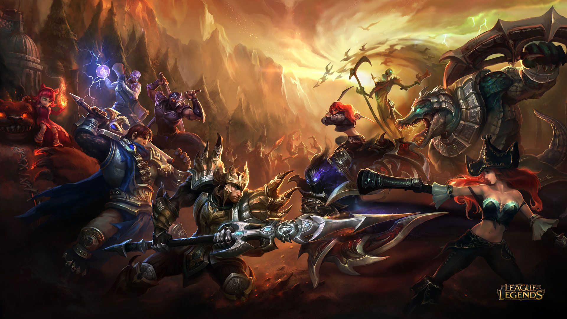 Two groups of characters from League of Legends staring each other down, ready for battle.
