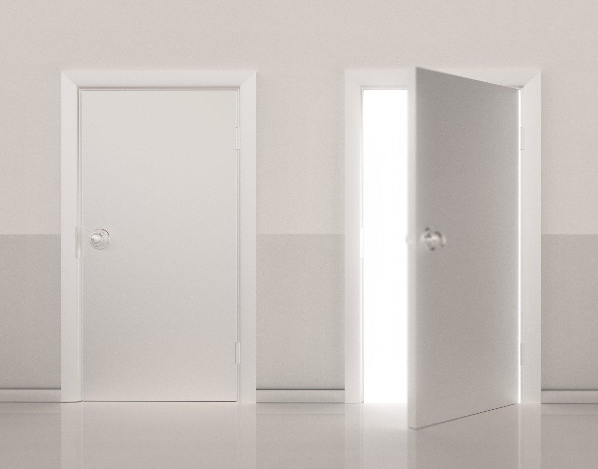 Two white doors with one closed and one open