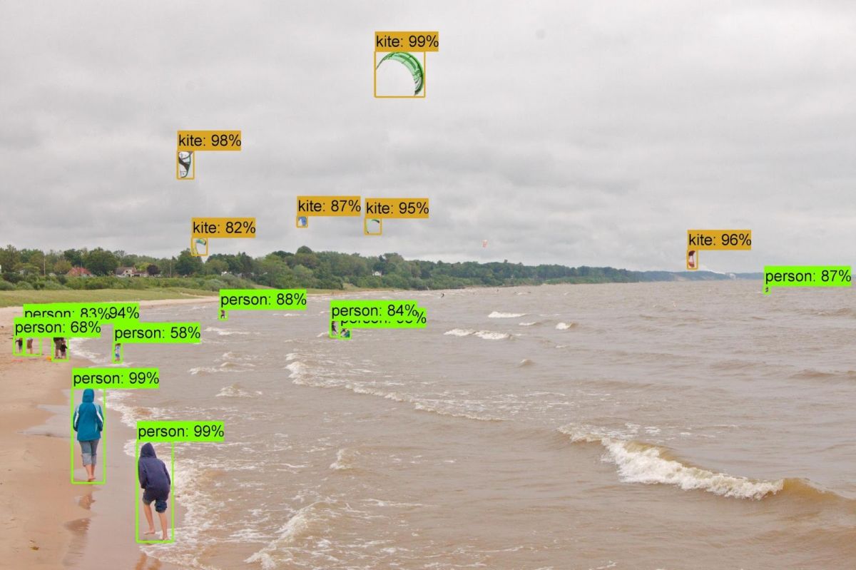 People walking along a beach and flying kites with labels and percentages of accuracy achieved NASNet. 