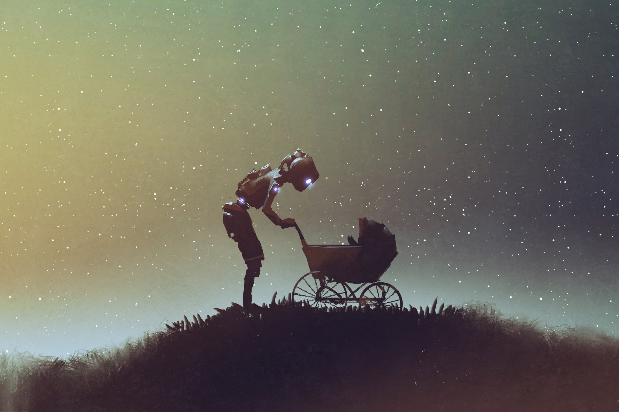 Robot looking into a stroller against starry sky.