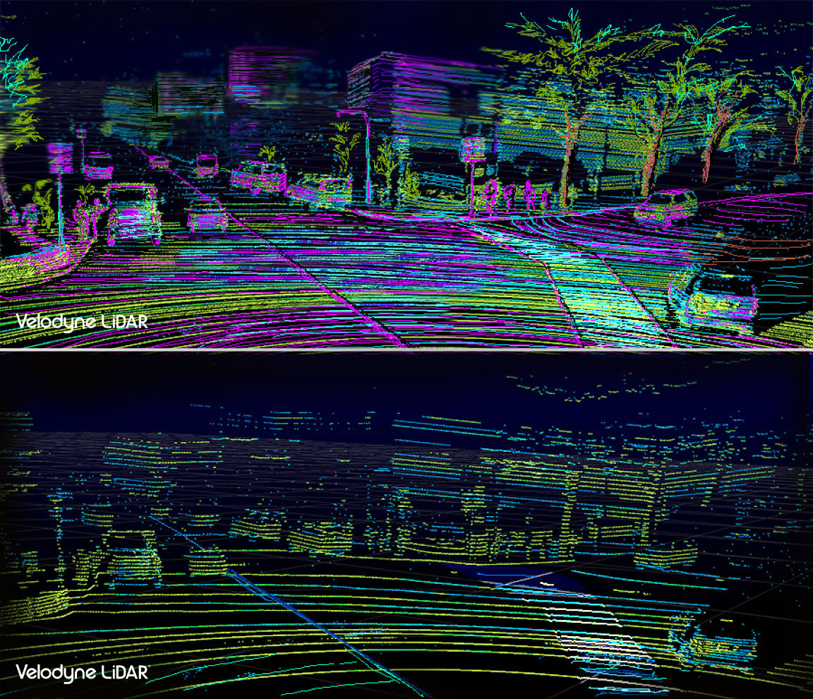 Two images produced by LiDAR showing views of a road, illuminating cars and nearby buildings.