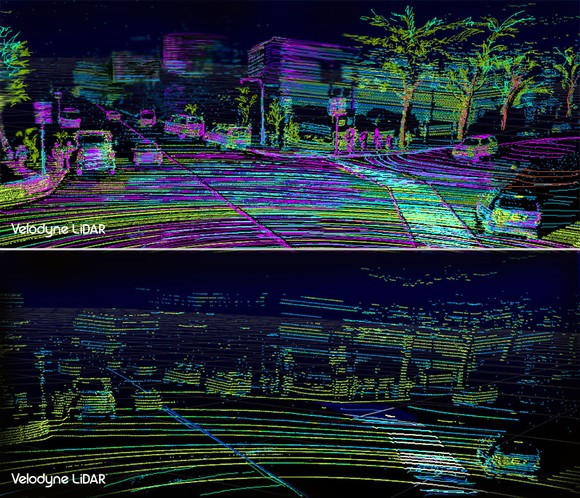 Two images produced by LiDAR showing views of a road, illuminating cars and nearby buildings.