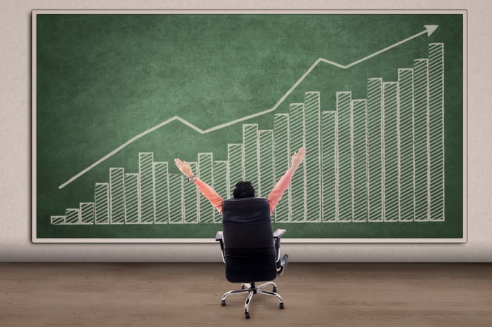 A seated investor looks at a rising financial chart.