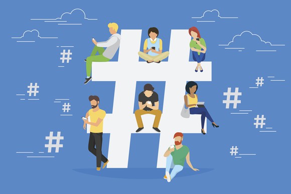 Illustration of users sitting on and hanging around a hashtag 
