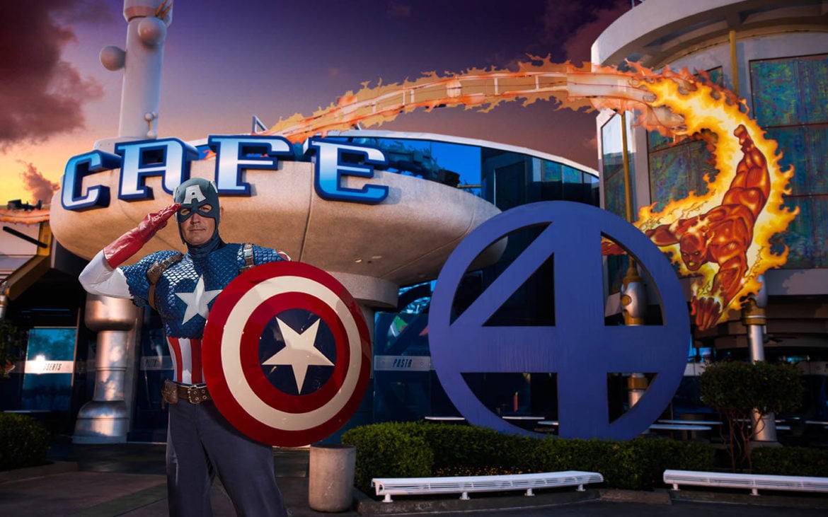 Captain America in a salute outside of the Cafe 4 restaurant.