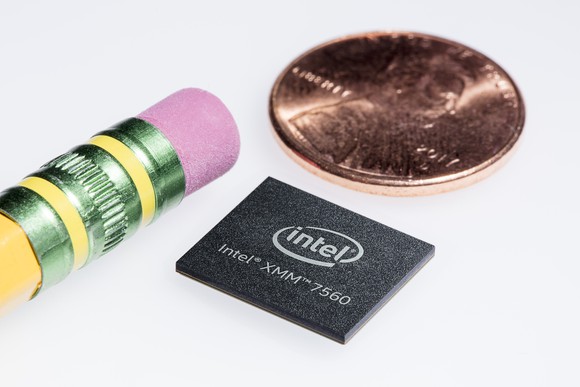 An Intel XMM 7560 modem next to a pencil eraser and a penny.