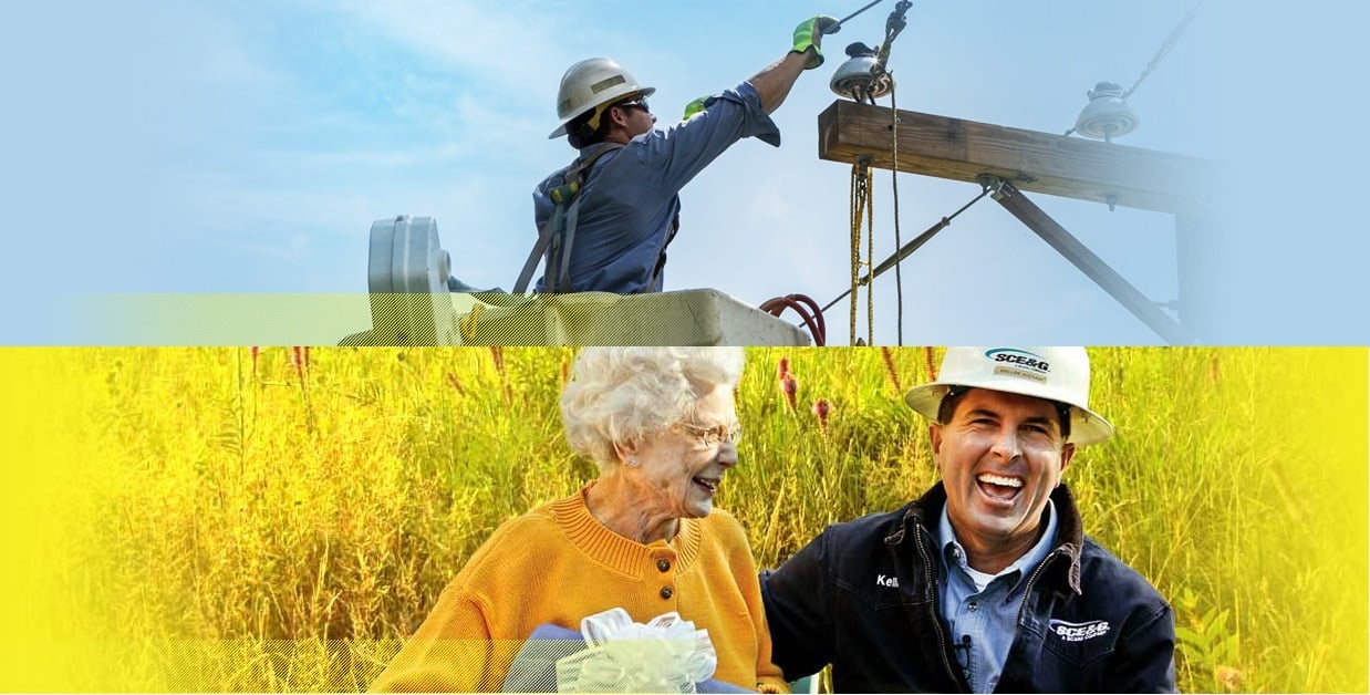 Worker fixing a power line, and worker on the ground laughing with an older woman.