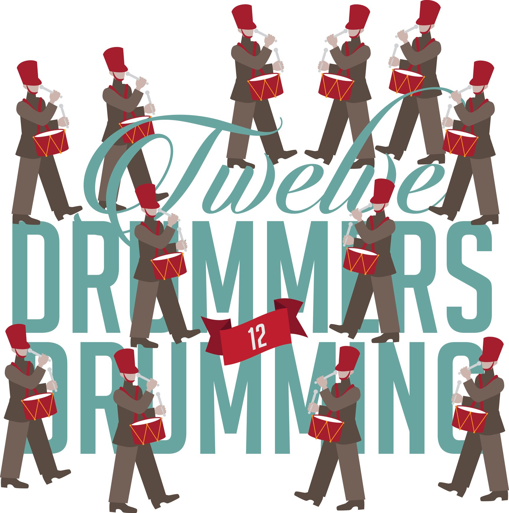 An illustrations shows 12 drummers drumming