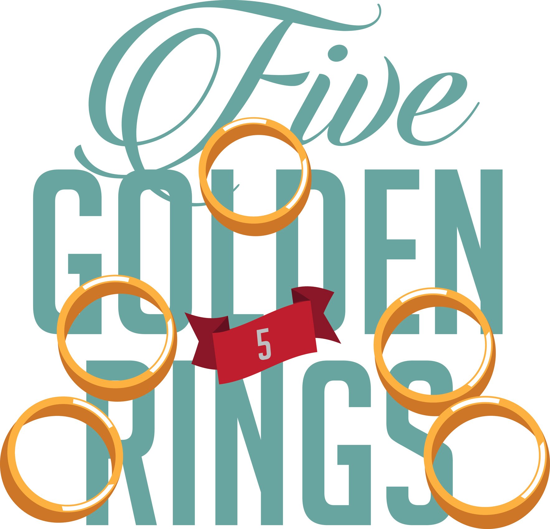An illustrations shows five golden rings