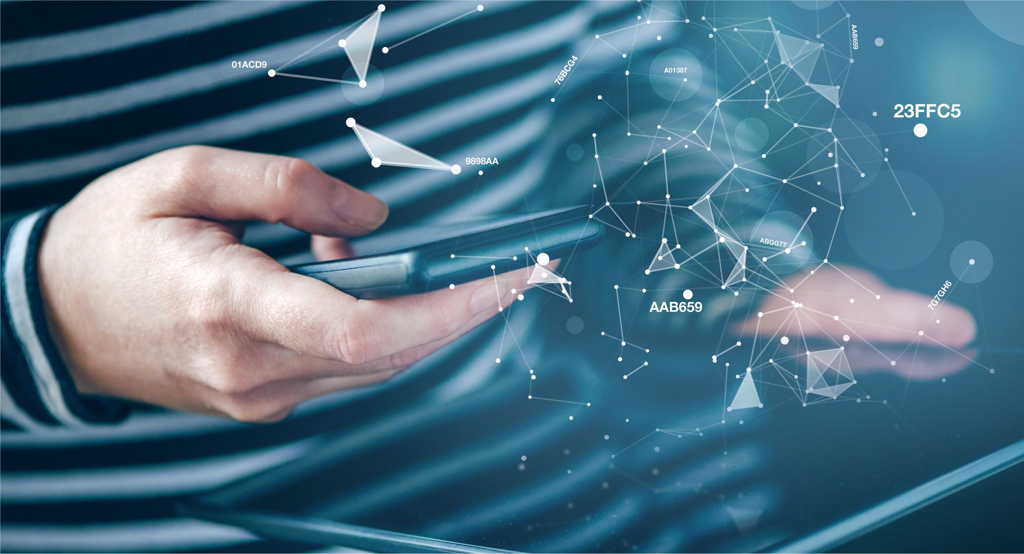 A smartphone links to cloud-based services.