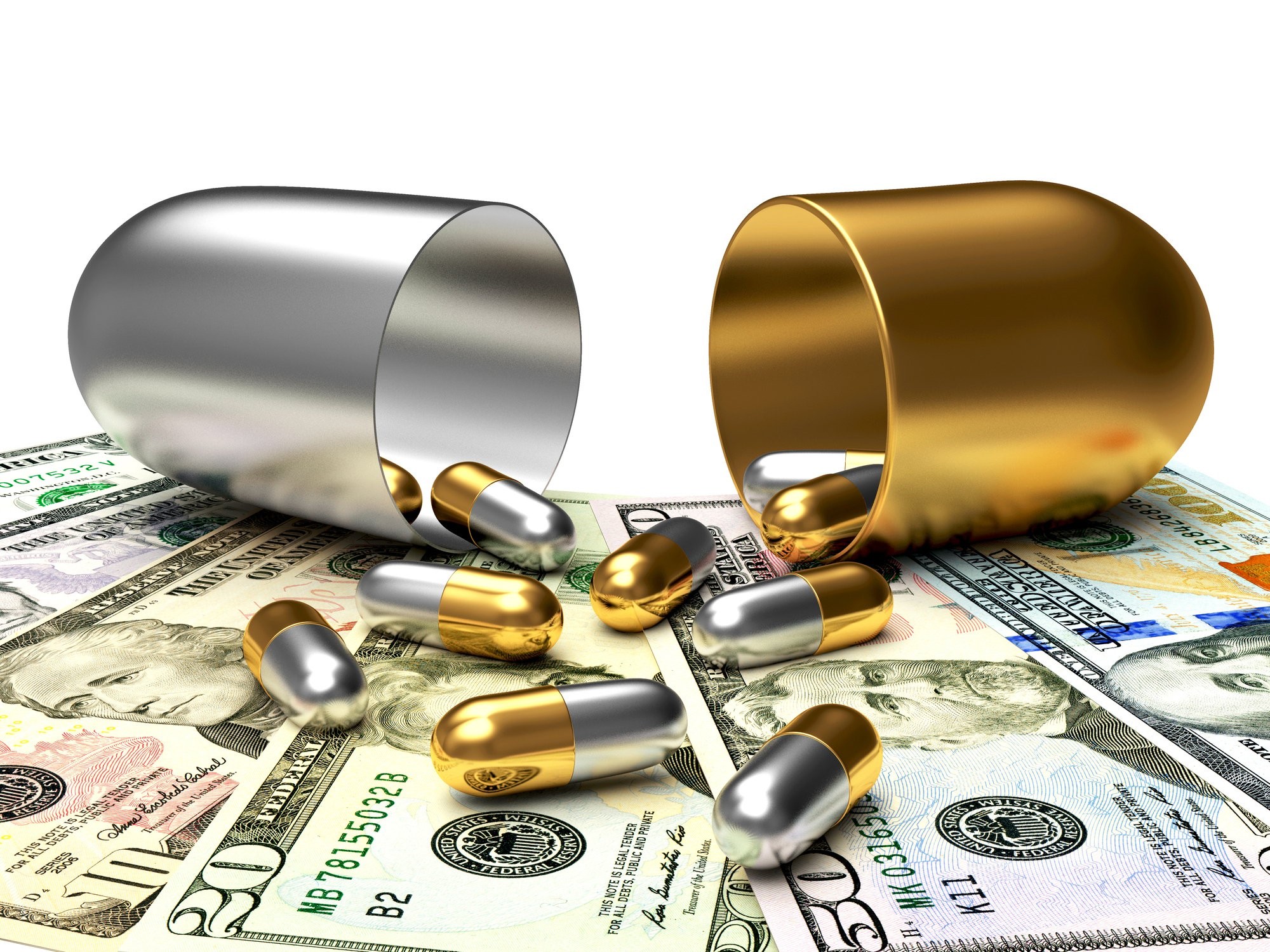 Gold and silver pills spill out of a large gold and silver pill onto a pile of paper money.