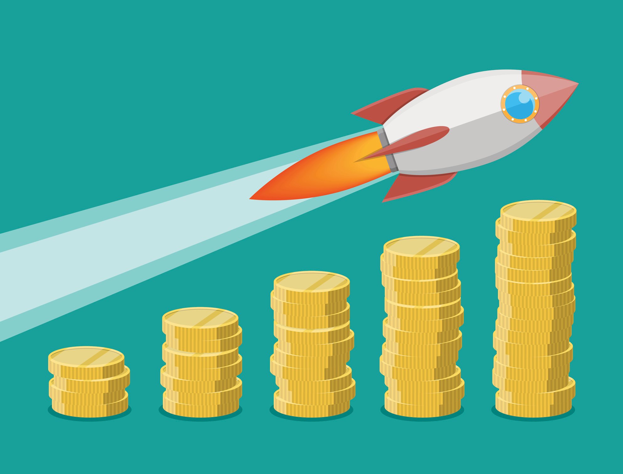 A cartoon of a rocket ship flying over ascending columns of coins.
