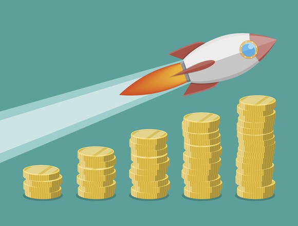A cartoon of a rocket ship flying over ascending columns of coins.
