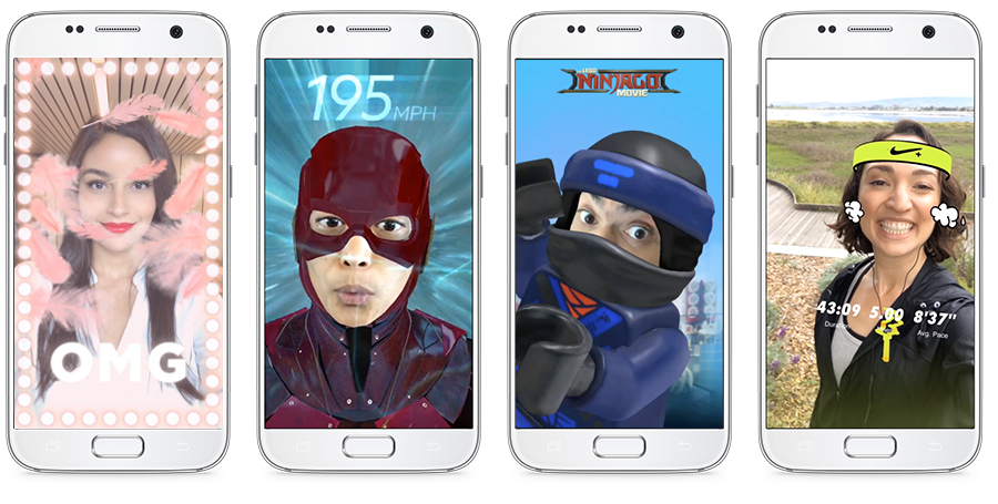 Image of smartphones with augmented reality filters over people's faces.