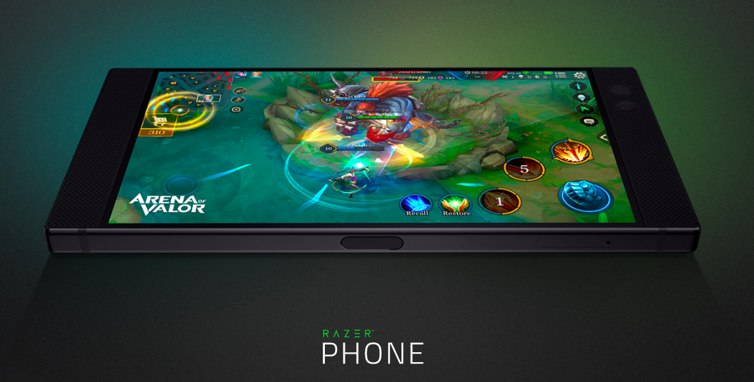 A close up of the Razer phone shown with a game being played on its screen.