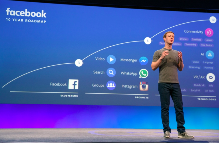 Facebook CEO Mark Zuckerberg onstage at F8 2016 with a screen behind him that features a blue background and a visual of Facebook's different apps and offerings