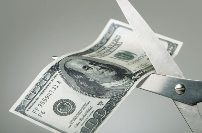 Scissors cutting a $100 bill in half.