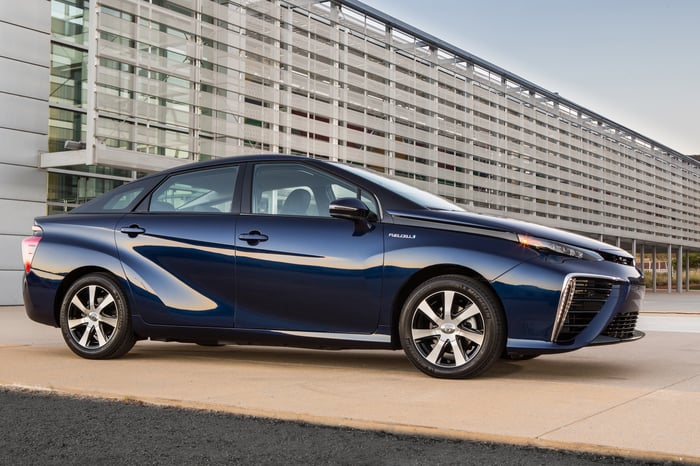 A dark blue Toyota Mirai fuel-cell sedan.