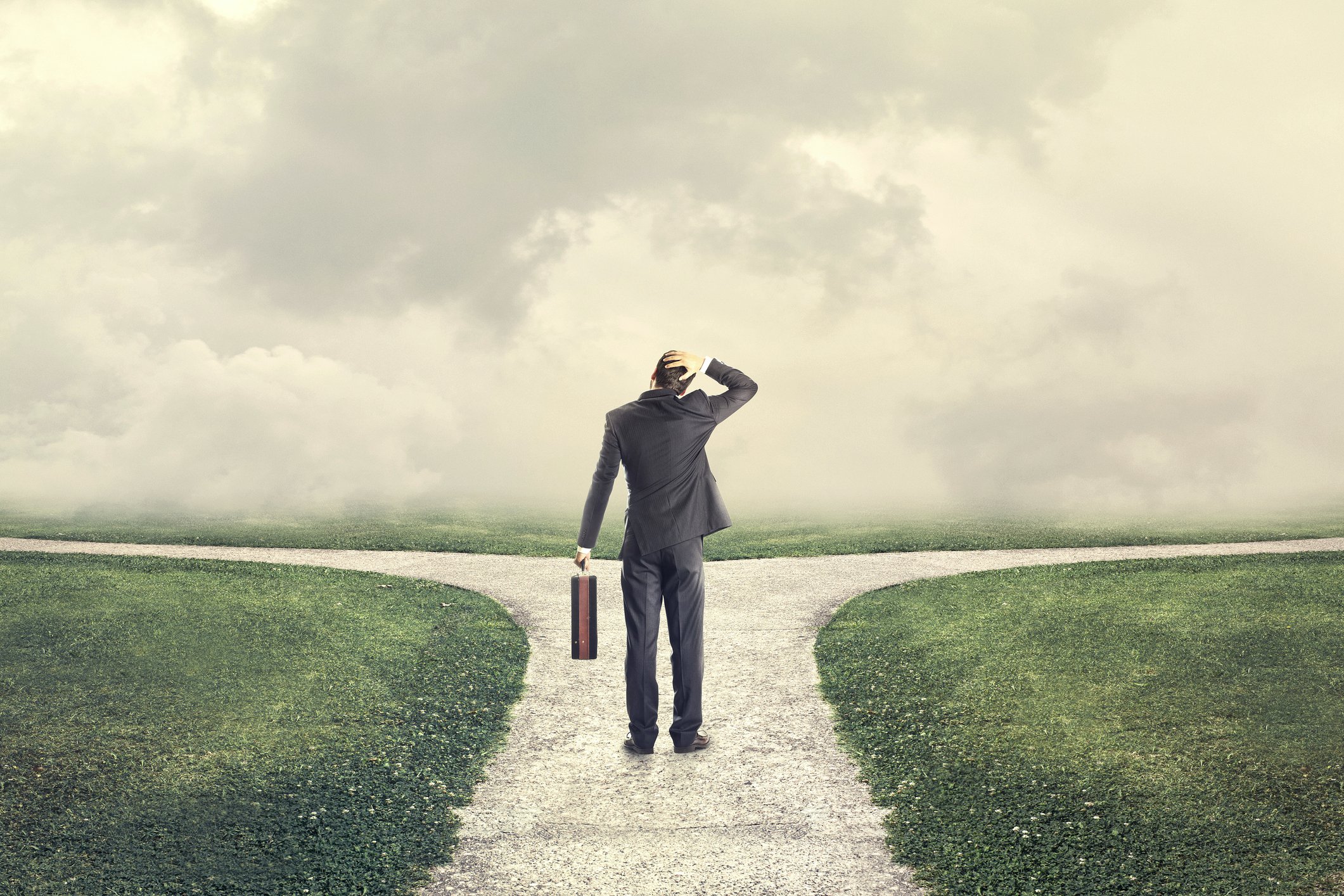 Indecisive and lost man tries to choose the right path.